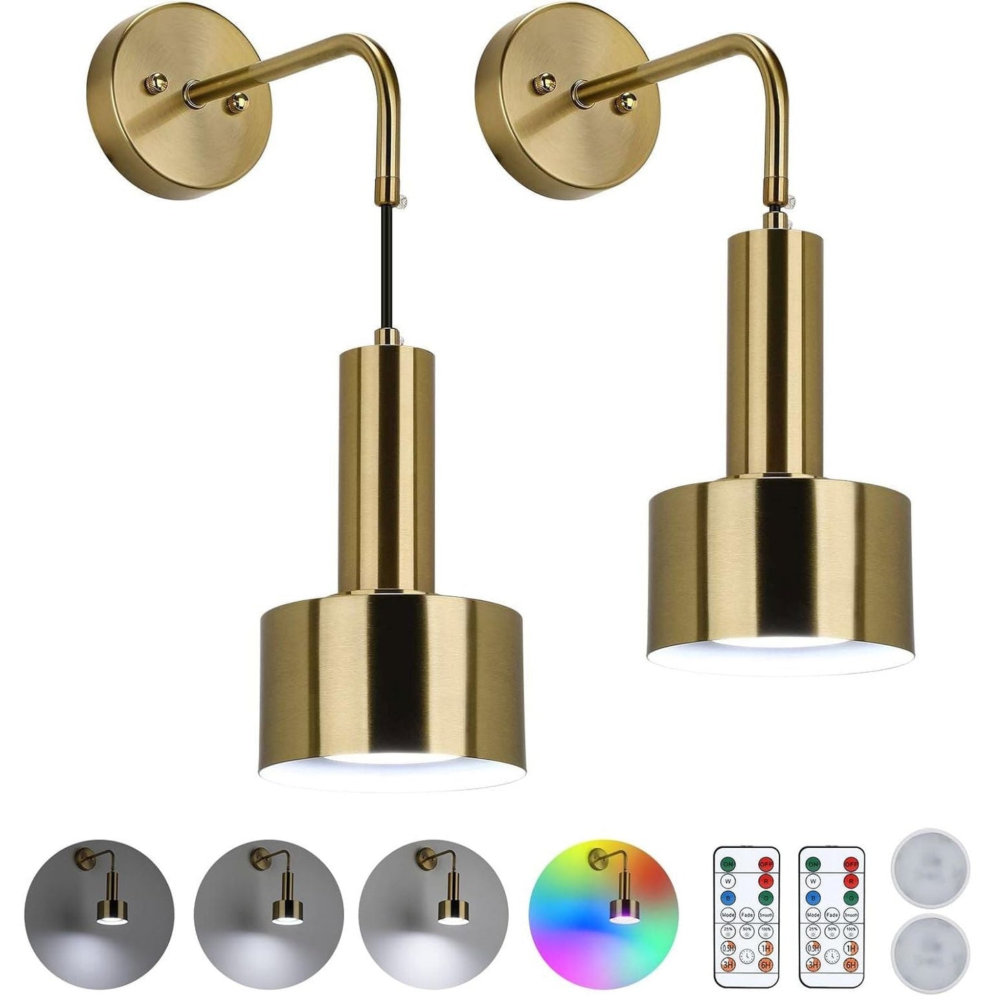 Lightsjoy 2x Rechargeable Wall Lights RGB Dimmable with Remote Gold Finish