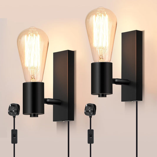 Lightsjoy 2-pack Plug-in Wall Lights Rotatable Black Industrial Sconces E27