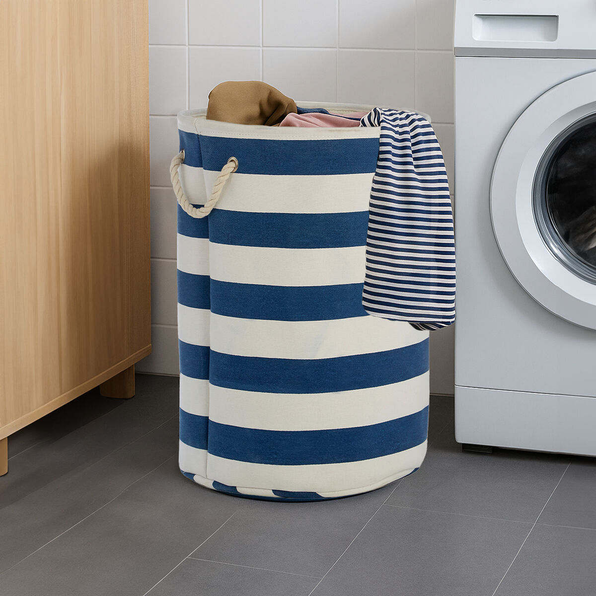 Nautical Blue and White Stripes Laundry Hamper