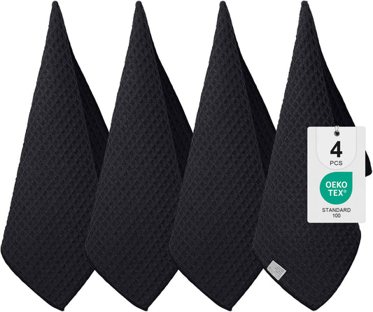 Moosfor 4 Piece Set Microfibre Cloths, Super Absorbent and Soft Tea Towels, Quick-drying and Lint-free Cleaning Cloths, 40 X 71 Cm, Black