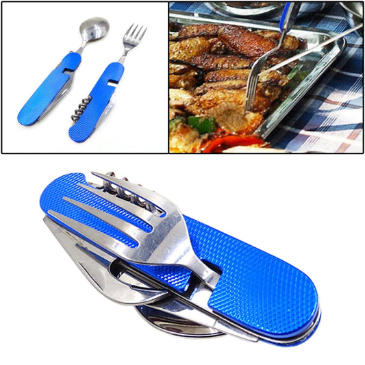 6-in-1 Stainless Steel Travel / Camping Folding Cutlery Set, Spoon + Fork + Knife + Bottle Opener Set